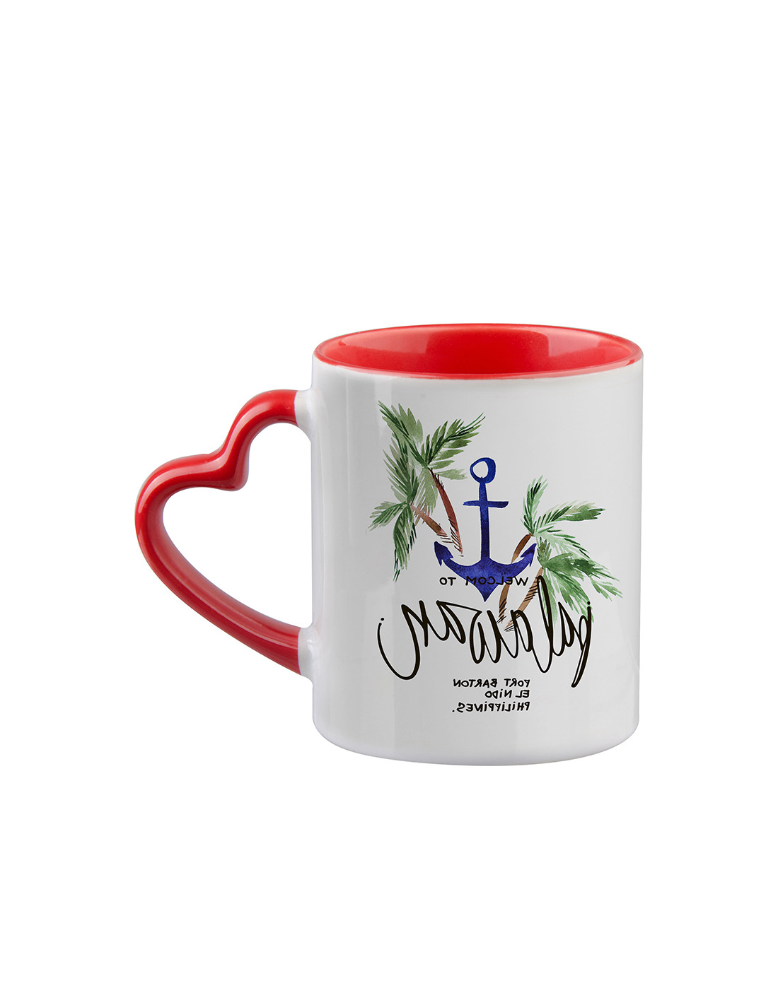 Tasse de couleur intérieure/poignée de 11 oz avec poignée en forme de cœur-rouge