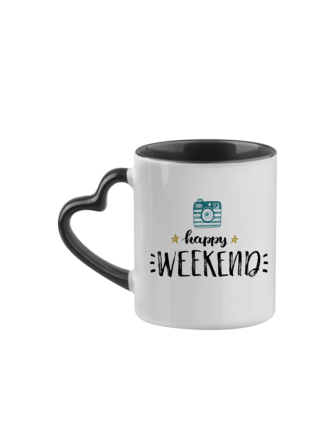  Tasse de couleur intérieure/poignée de 11 oz avec poignée en forme de cœur-noir
