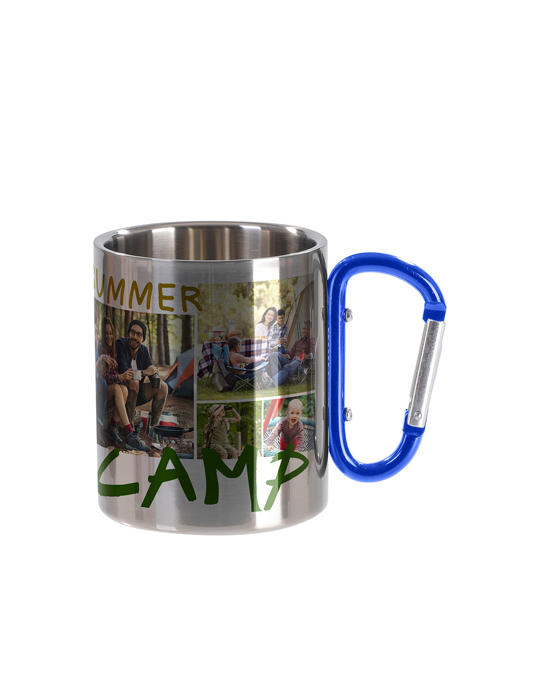 Tasse en acier inoxydable de 300 ml avec poignée mousqueton bleue (argent)