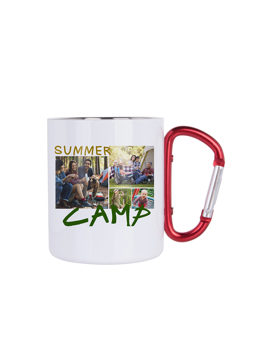Tasse en acier inoxydable de 300 ml avec poignée mousqueton rouge (blanc)